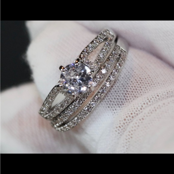 Wedding Engagement Elegant Silver Sparkle Pave Ring w Band Set Size 7 - Picture 3 of 11